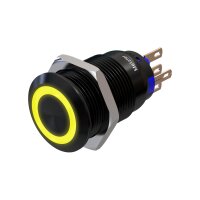 Edelstahl Drucktaster &Oslash;19mm Schwarz Flach LED Ring Gelb