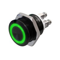 Edelstahl Drucktaster &Oslash;19mm Schwarz Flach LED Ring Gr&uuml;n Schraubkontakte