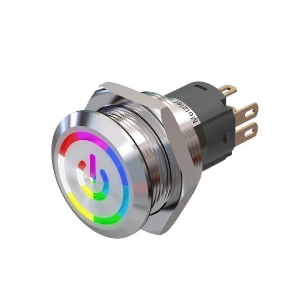 Edelstahl Drucktaster Ø19mm RGB-LED Ring IP67 mit Power Symbol