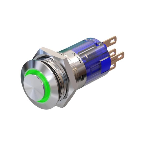 LED Push button - Ø 16 mm - stainless-steel - weather-resistant and waterproof - with LED - AC/DC - latching, green