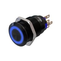 Edelstahl Drucktaster &Oslash;19mm Schwarz Flach LED Ring Blau